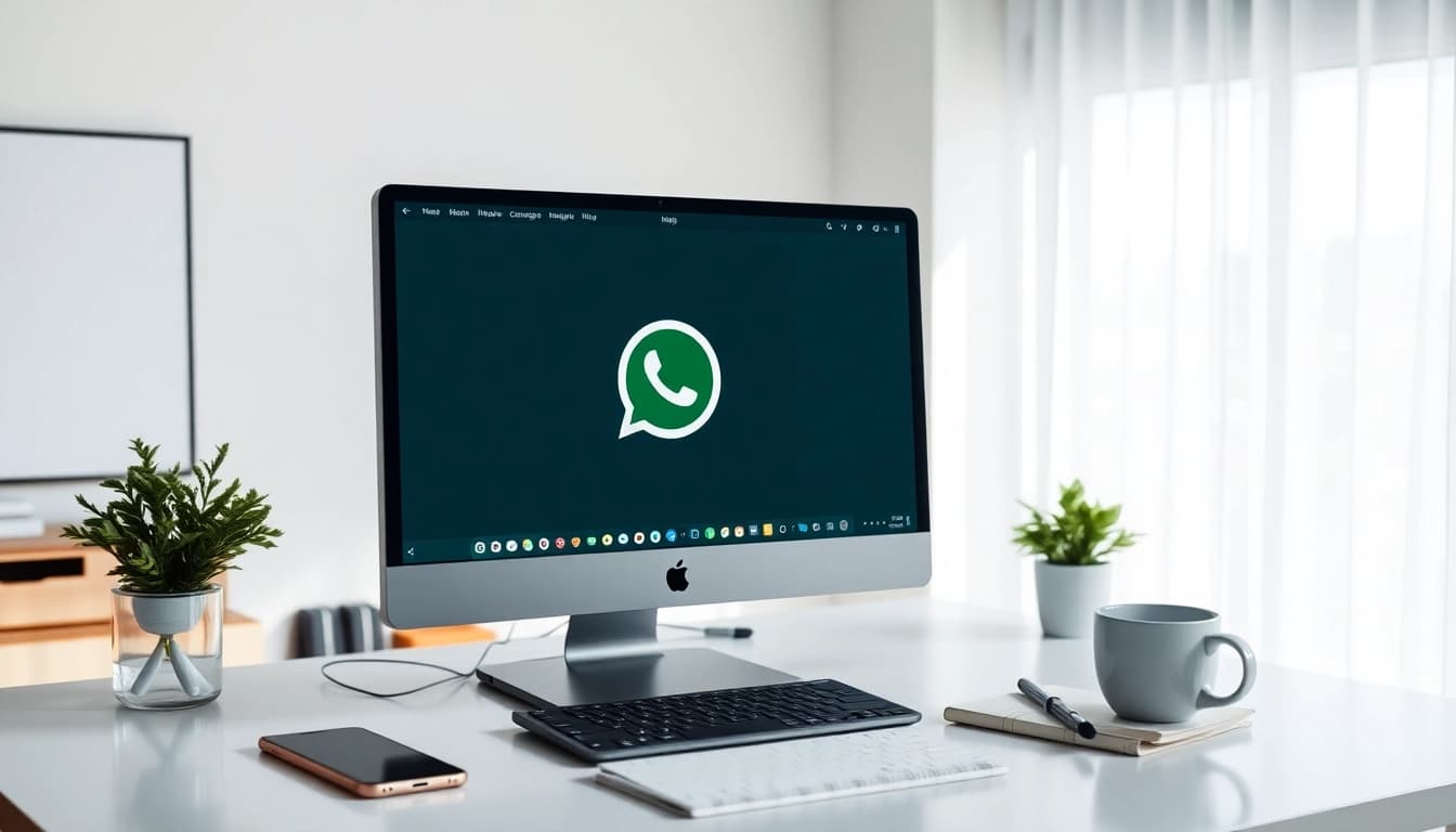 桌面屏幕上展示 WhatsApp Web 的沉浸式工作区，呈现现代通信工具。