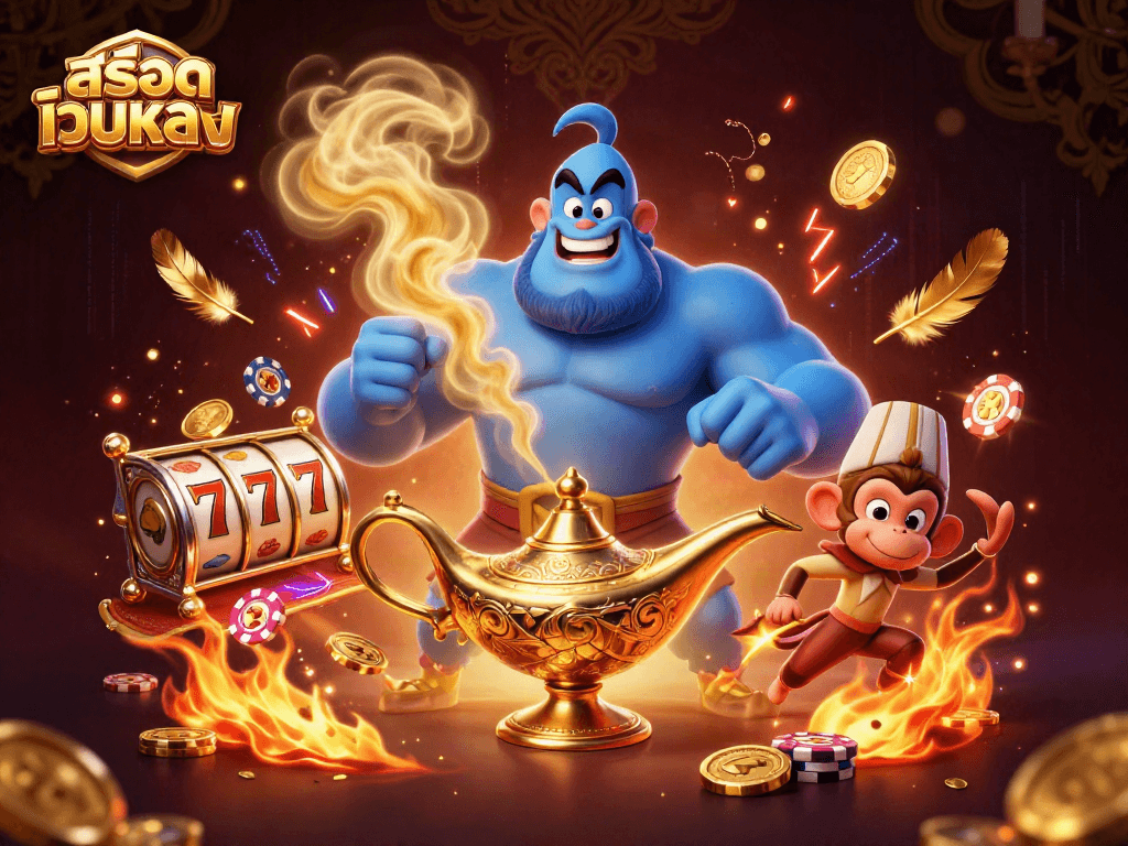 Engage with สล็อตเว็บตรง through a vibrant 3D illustration featuring a genie, monkey, and slot reels.
