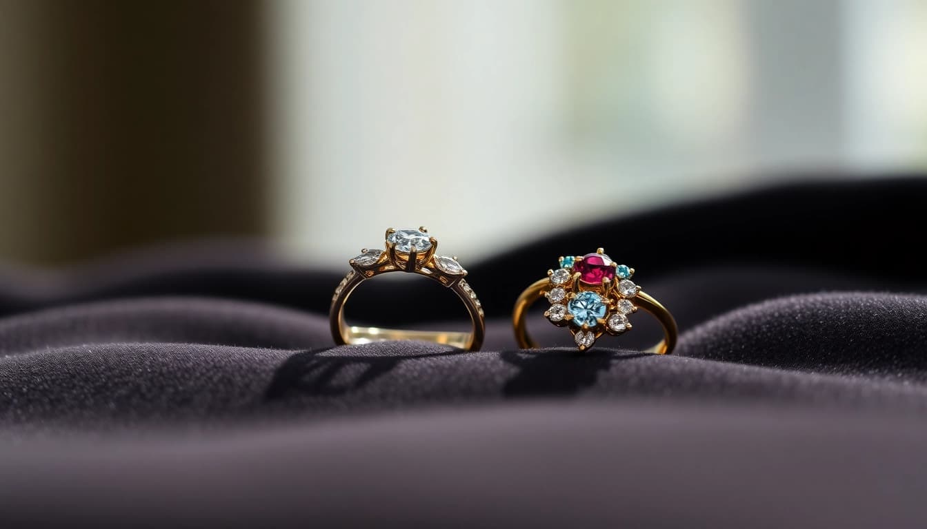 Showcase of exquisite couple rings with intricate designs and sparkling gems.