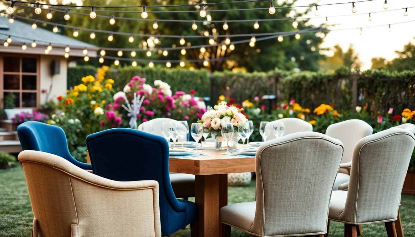 Discover stylish chair rentals elegantly arranged for a beautiful outdoor event setting.