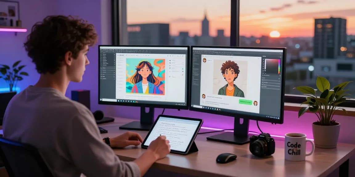 Create engaging AI NSFW content in a modern digital workspace with vibrant city backdrop.