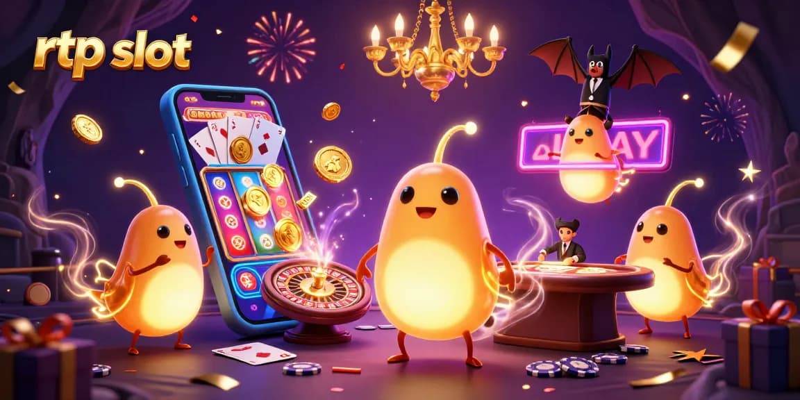 Play exciting rtp slot games in a vibrant 3D casino scene filled with glowworms and fun elements.