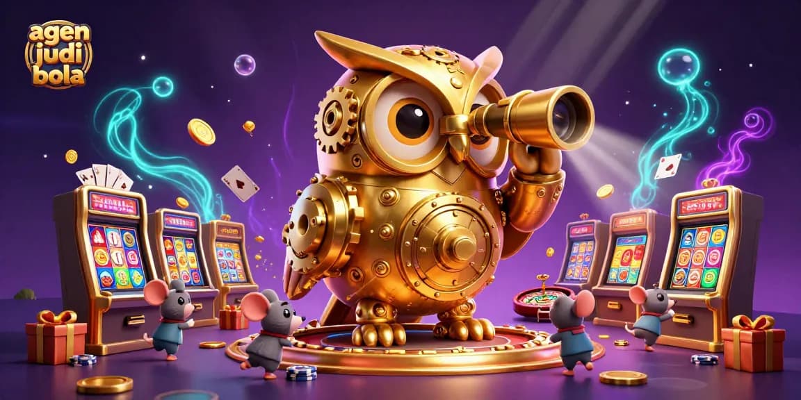 Engaging scene showcasing agen judi bola with a golden owl and dynamic casino elements.