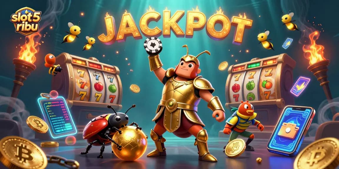 Exciting scene featuring slot 5 ribu with hercules beetle in armor celebrating wins alongside crypto elements.