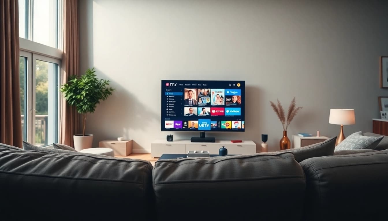 Stream quality IPTV Suisse channels displayed on a modern TV in a cozy living room.