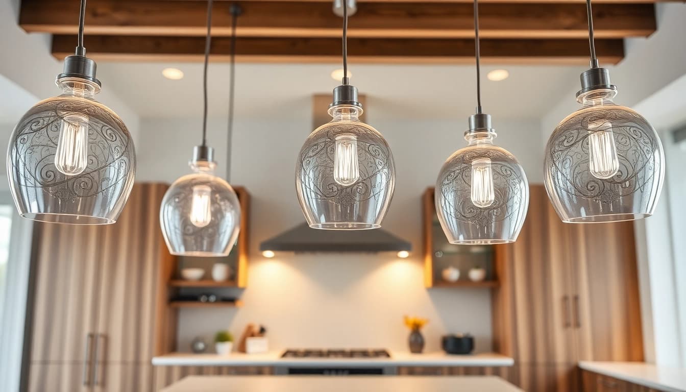 Beautiful island lighting enhances the modern kitchen ambiance with elegant pendant fixtures.