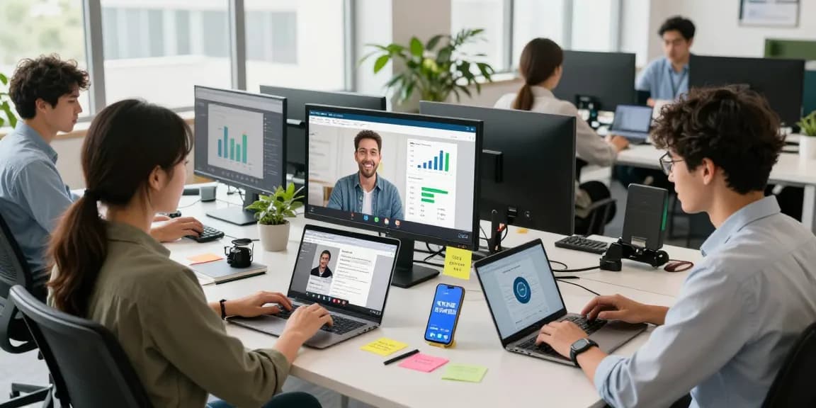 Dynamic digital communication scene with professionals using 纸飞机中文版 on laptops and smartphones in a bright workspace.