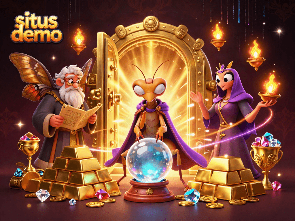 Engage in situs demo with vibrant illustration featuring a fortune teller in a mystical casino setting.