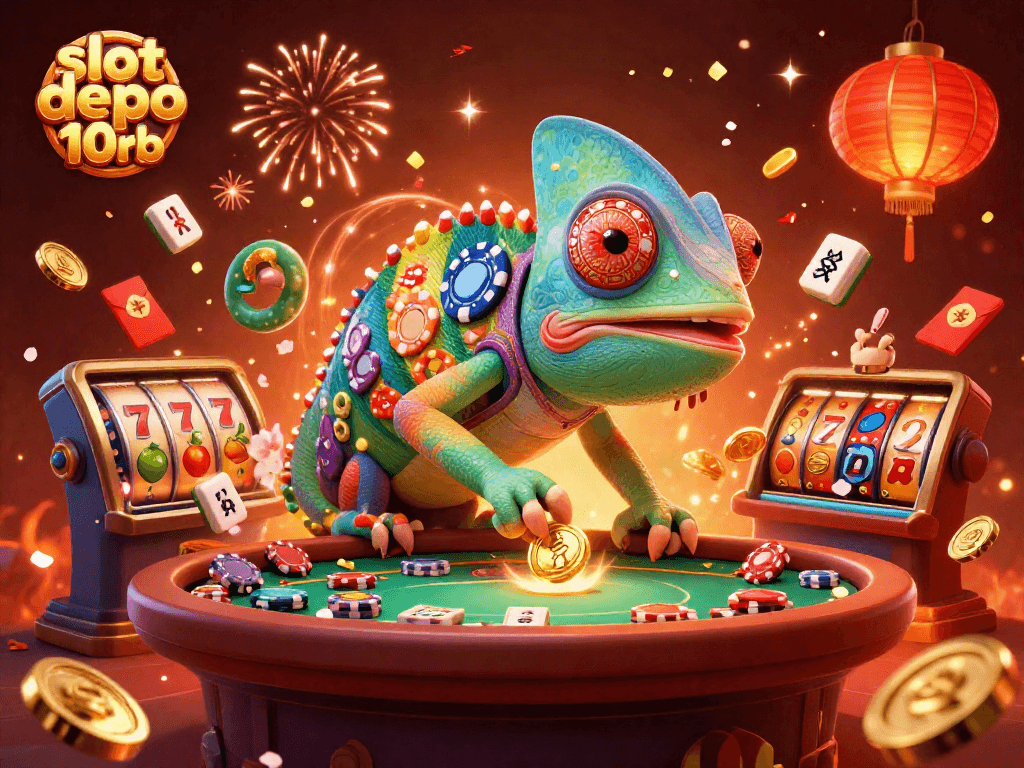 Experience excitement with slot depo 10rb wins, featuring vibrant chameleon and slot reels.