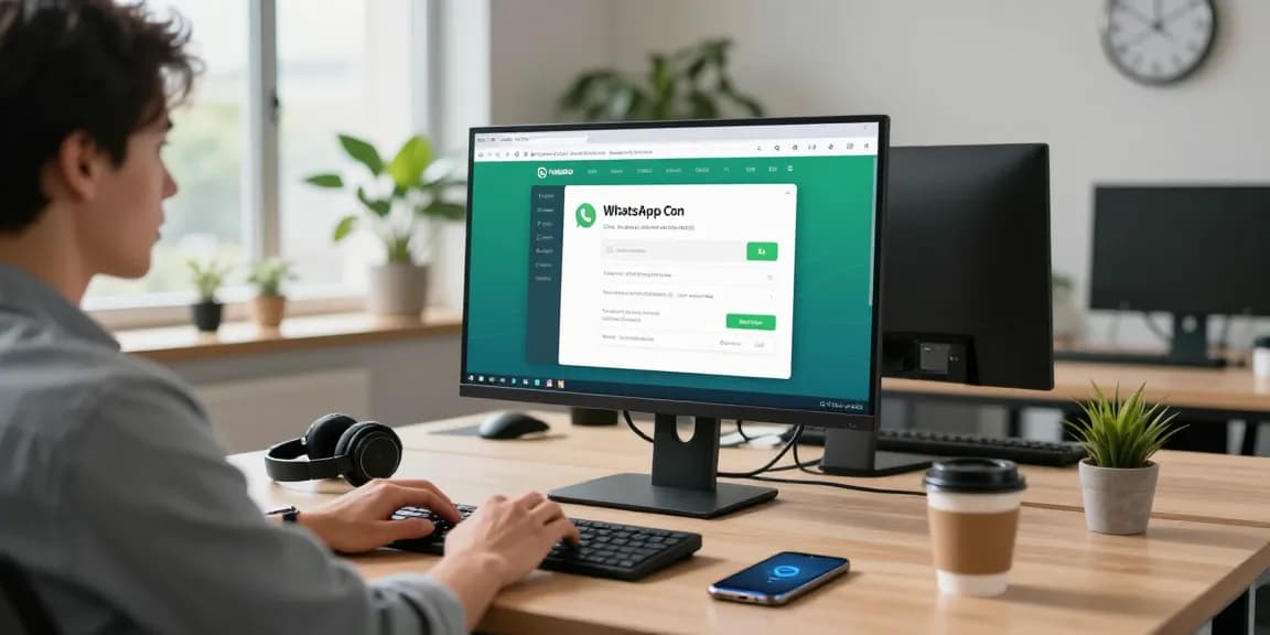 Using WhatsApp電腦版 on a sleek computer in a bright office workspace, showcasing productivity and modern tech.