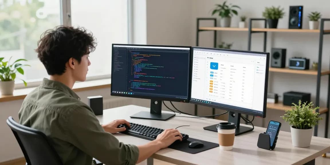 Developer coding in a tech workspace featuring telegram中文版 on dual monitors, showcasing innovation and productivity.