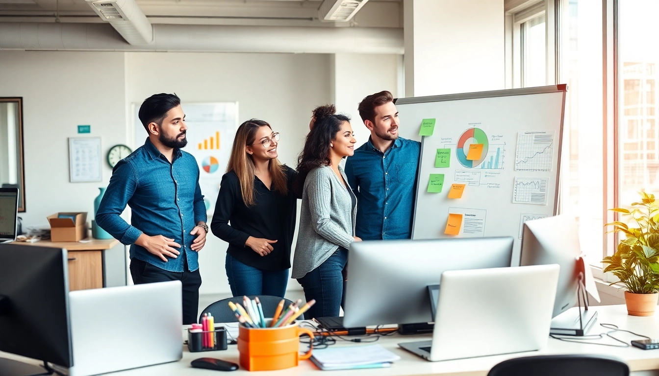 Engaging teamwork in Smart Marketing showcased through a collaborative office scene with diverse professionals.