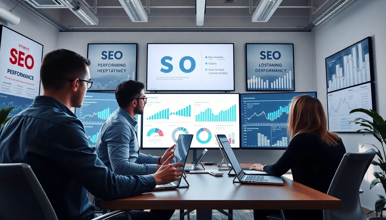 Visual representation of a team driving SEO performance through data analysis and collaboration in an office.