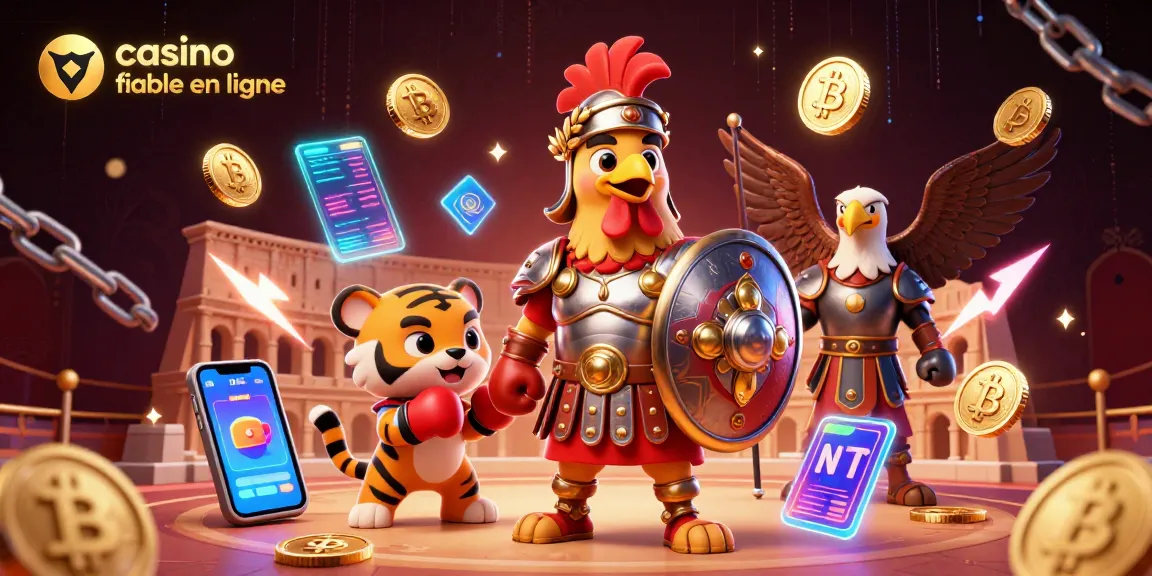 Illustration vibrante d'un casino fiable en ligne mettant en scène un coq gladiateur et un tigre cubain.