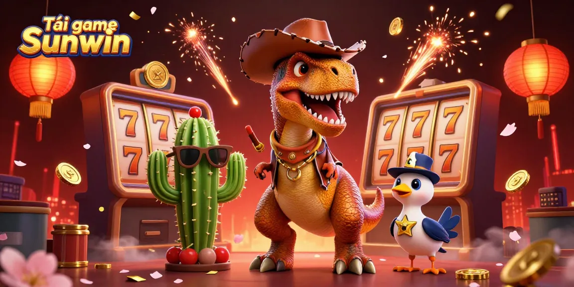 Engage with Tải game Sunwin in a vibrant casino-themed 3D illustration featuring dynamic characters and exciting elements.