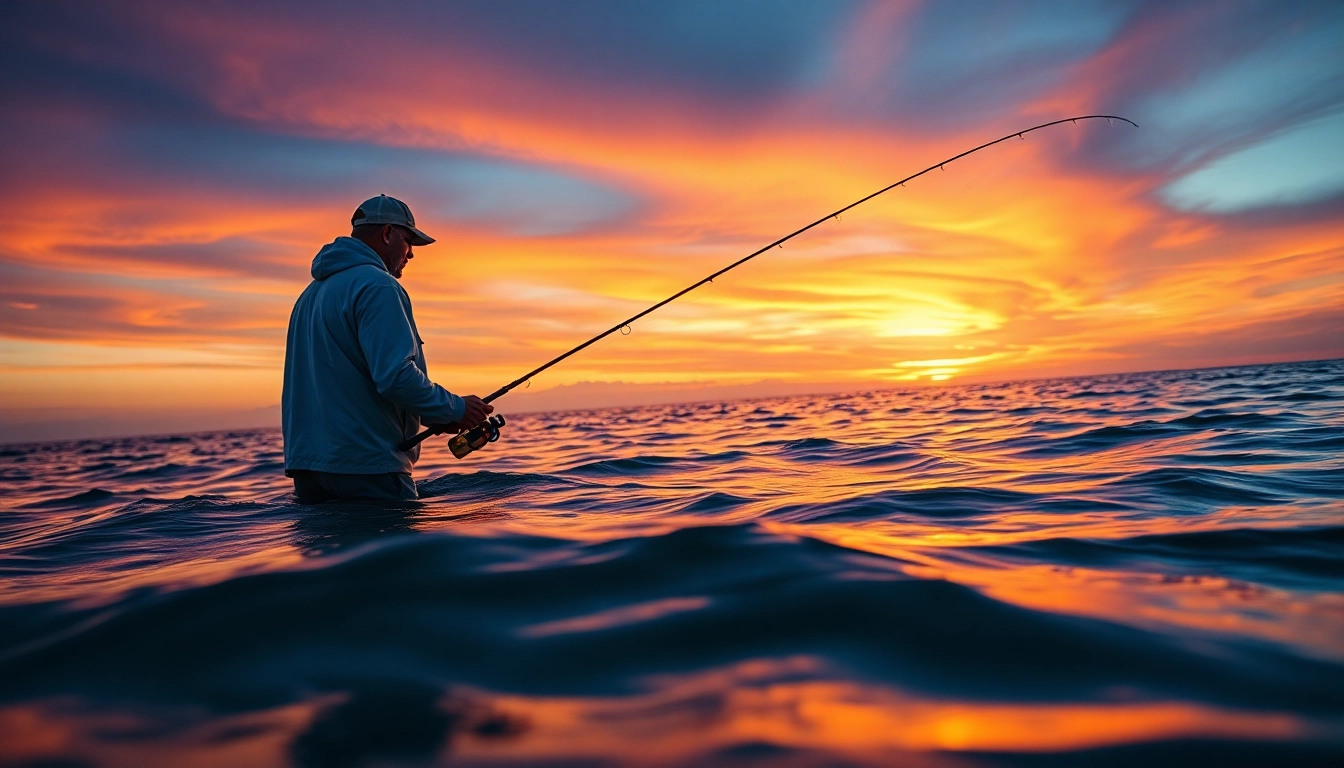 Casting a line for saltwater fly fishing with beautiful sunset background.