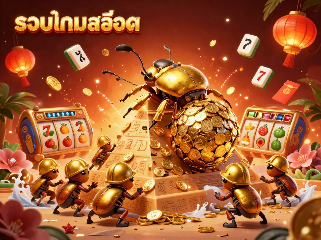 Engage with รวมเกมสล็อต in a vibrant scene featuring golden beetles, jackpots, and casino symbols.