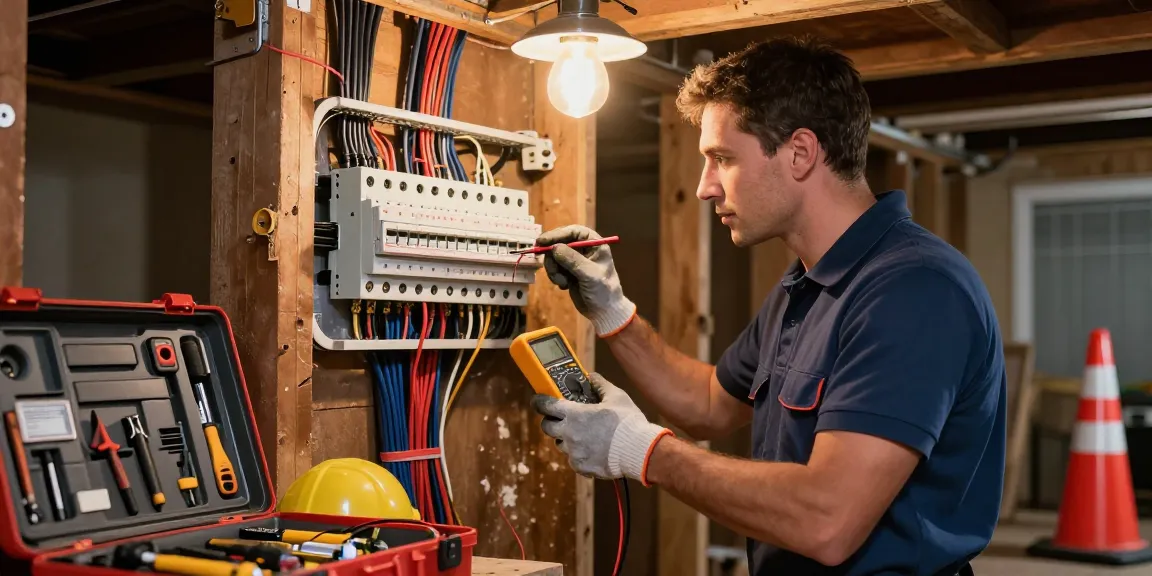 Birmingham 24 hour electrician inspecting a fuse box in a home basement, showcasing tools and safety gear for reliable electrical support.