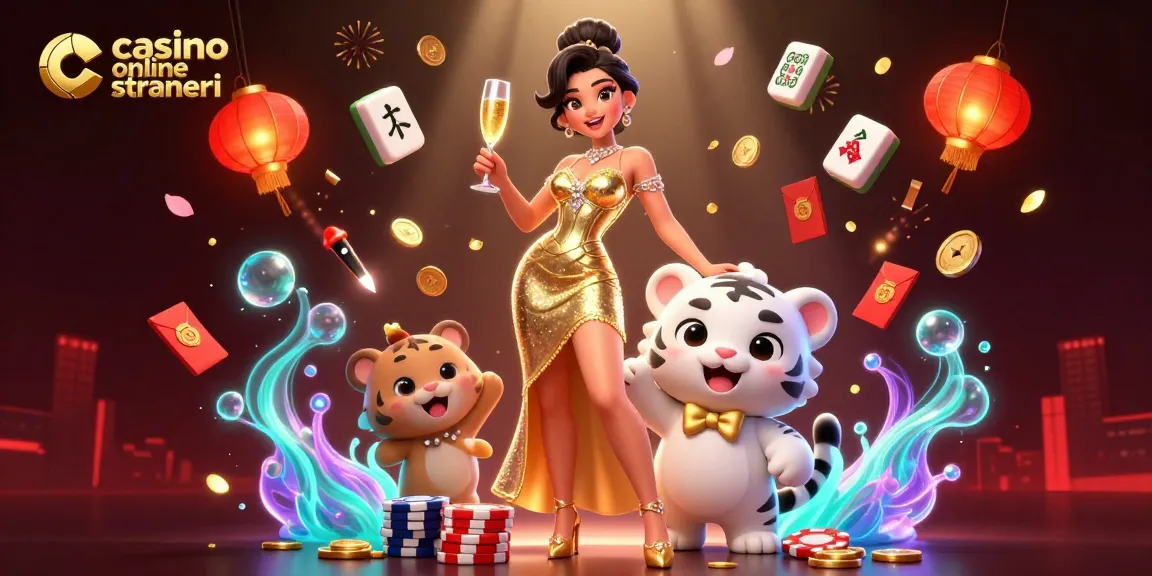 Vivi emozioni nei casinò online stranieri con una donna glamour e una tigre fortunata in questa scena vibrante.
