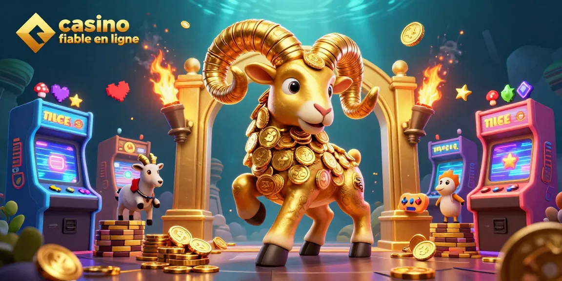 Découvrez le casino fiable en ligne avec cette illustration d'un bélier doré en pleine charge, entouré d'éléments de jeux dynamiques.