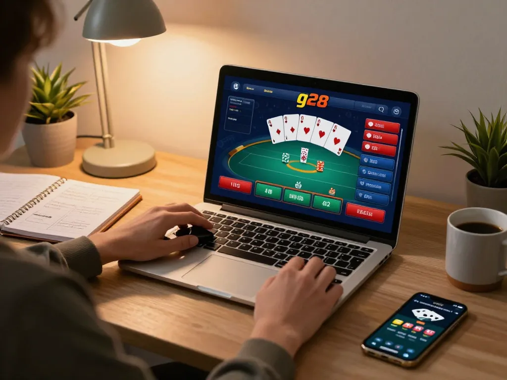 Player engaging with G28 online poker interface on laptop at home, showcasing dynamic game atmosphere.