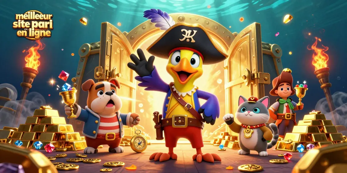Plongez dans le meilleur site de pari en ligne avec des pirates jouant aux jeux d'argent entourés de trésors scintillants.