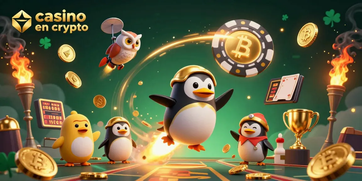 Plongée dans l'univers du casino en crypto avec un pingouin doré fendant l'espace, un jet de pièces d'or à la clé.