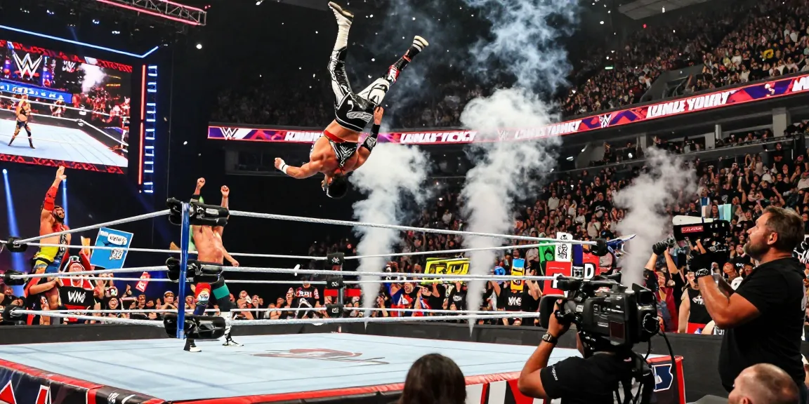 WWE wrestling event with vibrant fans and wrestlers in action.