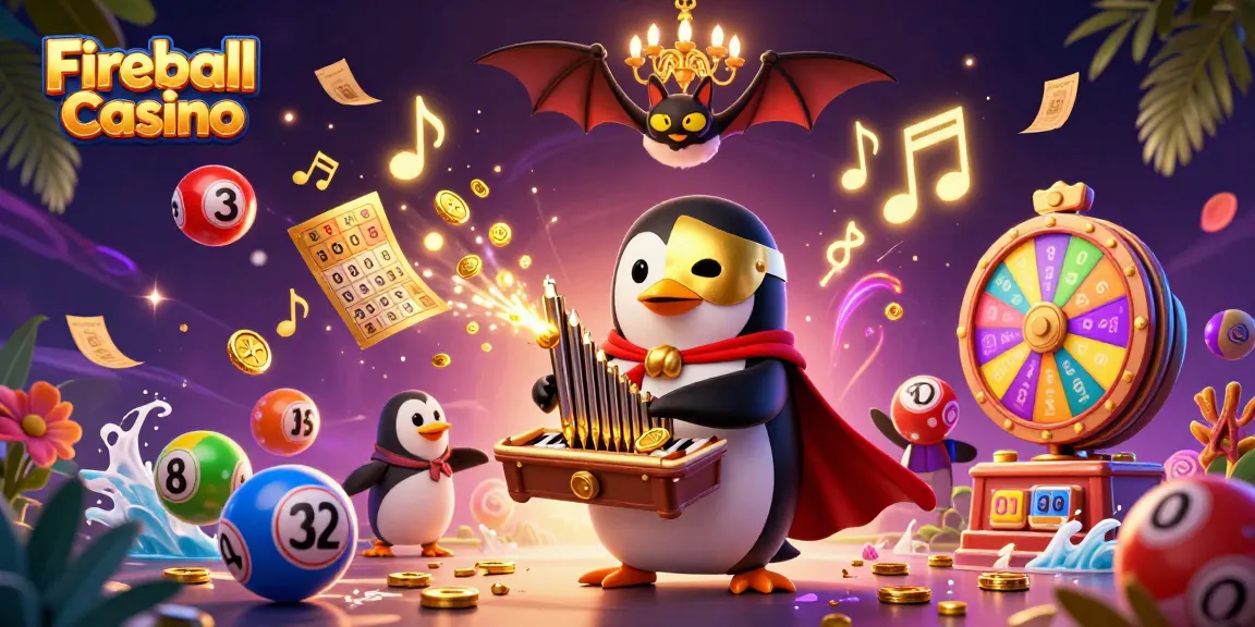 Fireball Casino: niesamowita ilustracja z pingwinem oraz złotymi monetami, ukazującą fantastyczny świat gier hazardowych.