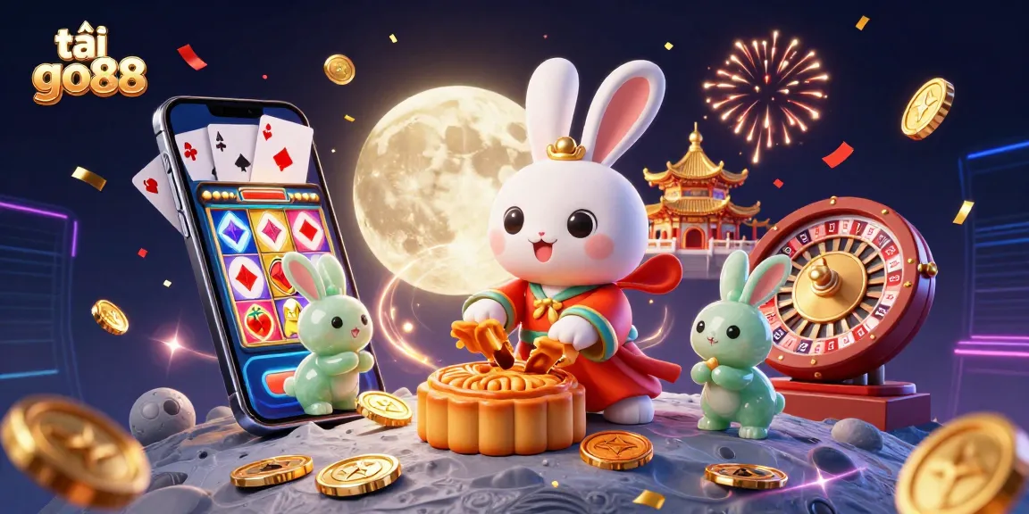Play exciting games with tải go88, featuring a moon rabbit pounding mooncakes revealing poker chips!