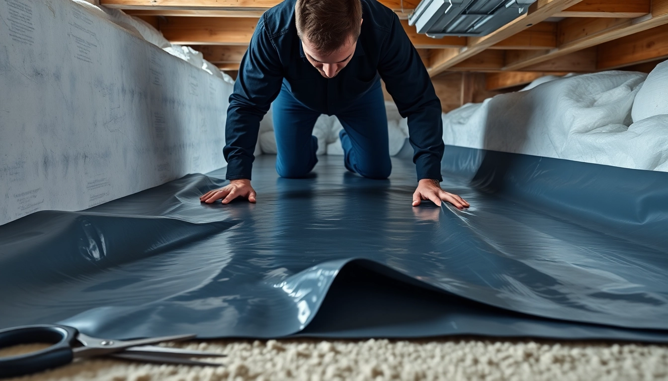 Technician performing vapor barrier installation in a clean crawl space environment, showcasing durable plastic.