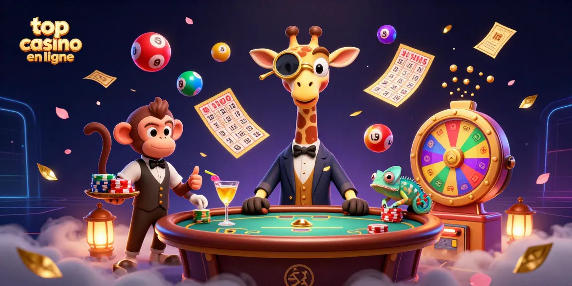 Visuel dynamique représentant le top casino en ligne avec une girafe haute mise et un caméléon barman.