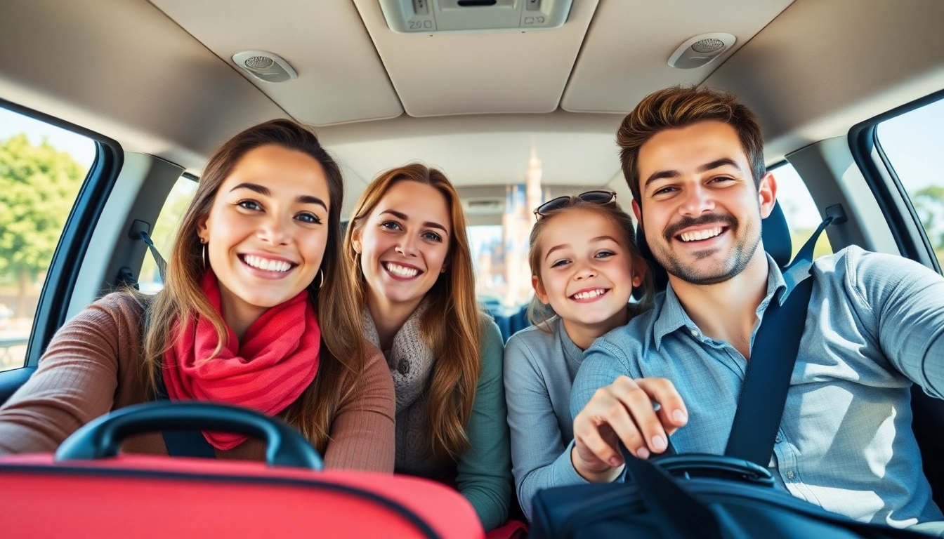 Family smiling during their Beauvais Airport to Disney Transfer in a comfortable transport.