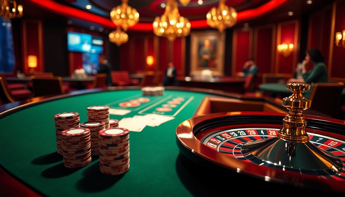 Engager les joueurs dans un luxueux casino en ligne Français avec des jetons de poker et une roue de roulette.