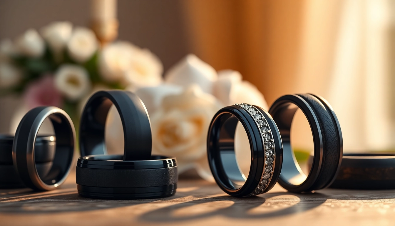 Show different Black Wedding Rings for Men showcasing unique designs and textures.