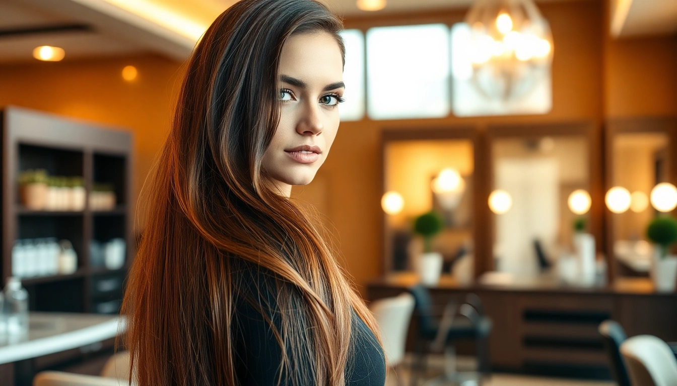 Showcasing sew in weft hair extensions in a chic salon setting
