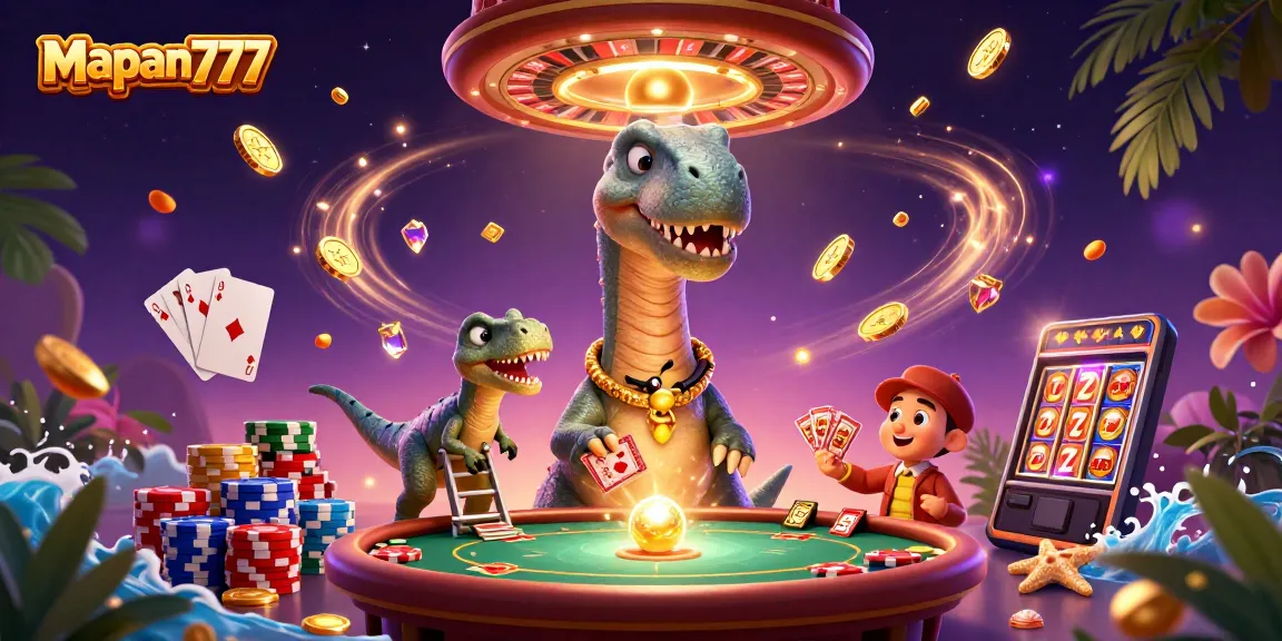 Engage with Mapan777 as a brontosaurus looms over a bustling casino scene, vibrant and full of energy.