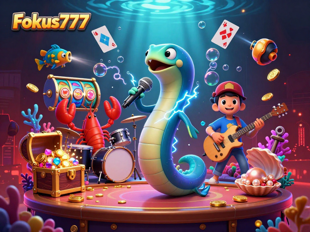 Experience excitement with Fokus777 at this underwater casino featuring vibrant characters and treasures.
