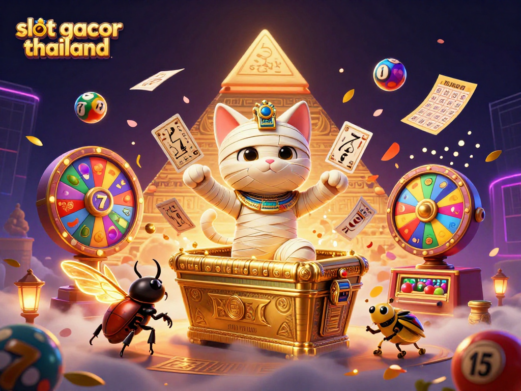 Engage with slot gacor thailand in an energetic online casino scene featuring dynamic slot visuals and festive elements.