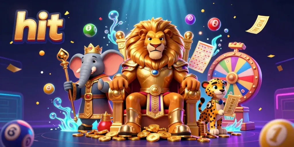 Engaging scene illustrating hit gaming elements featuring a lion king, elephant advisor, and cheetah messenger in casino