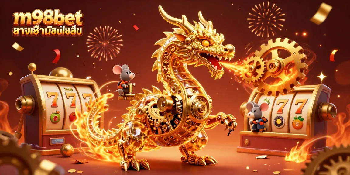 Experience m98bet ทางเข้ามือถือ excitement with a vibrant casino scene featuring a golden dragon and slot reels.
