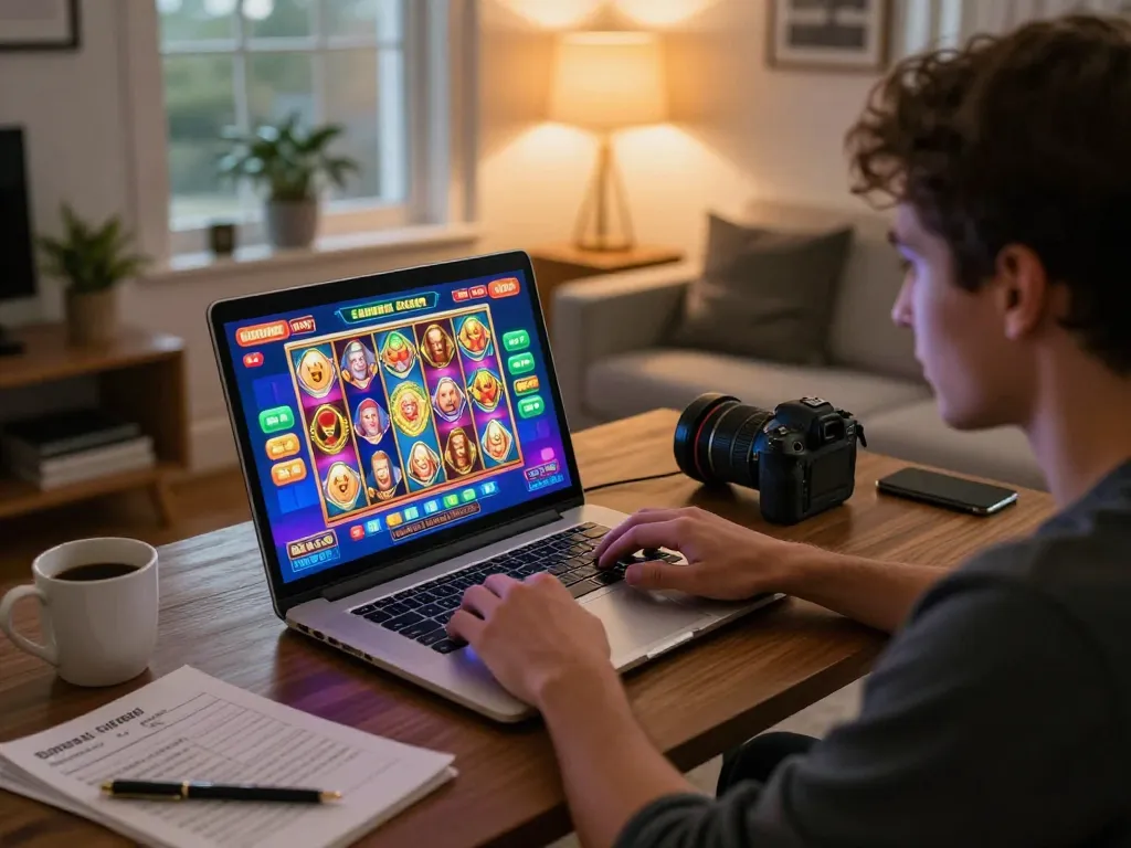 Player enjoying slot thailand game at home, focused on colorful online slot display.