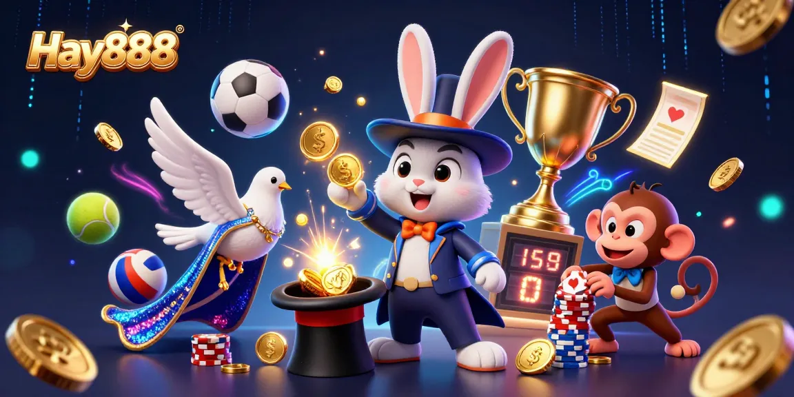 Experience the thrill of gaming at Hay888 with a whimsical 3D scene featuring a magician, dove, and monkey in a vibrant casino atmosphere.