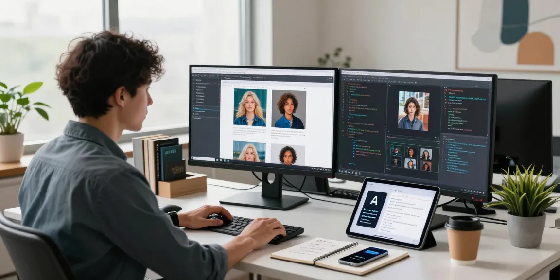 Using a free AI image detector to analyze AI-generated images on dual monitors in a modern tech workspace.
