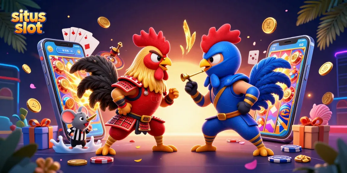 Engage with situs slot excitement as cartoon roosters clash over animated gaming treasures.