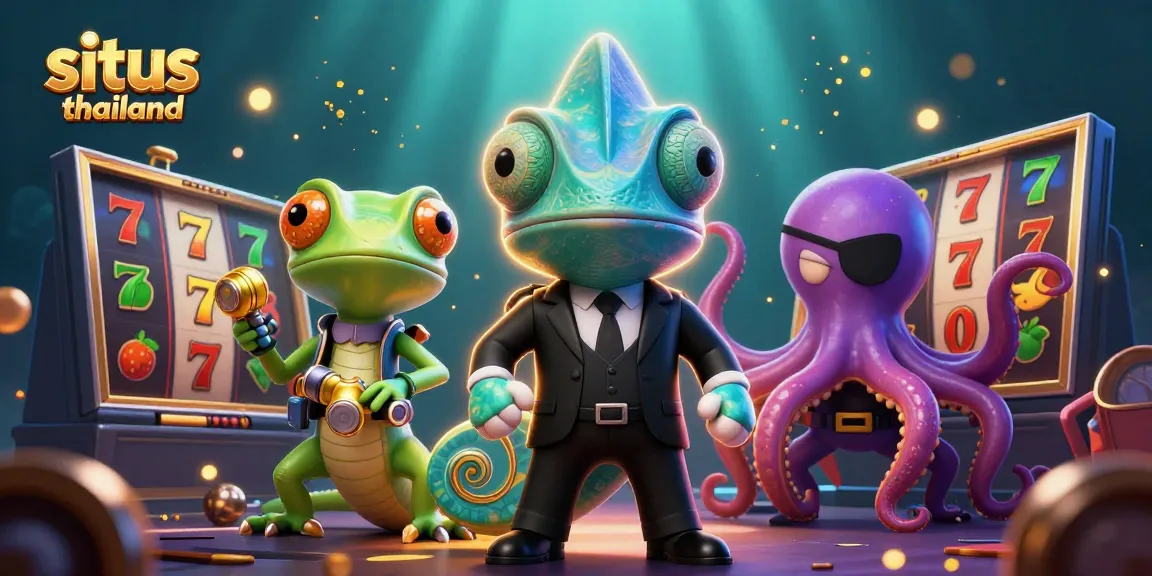 Spin the reels at situs thailand, showcasing vibrant 3D characters with casino elements.