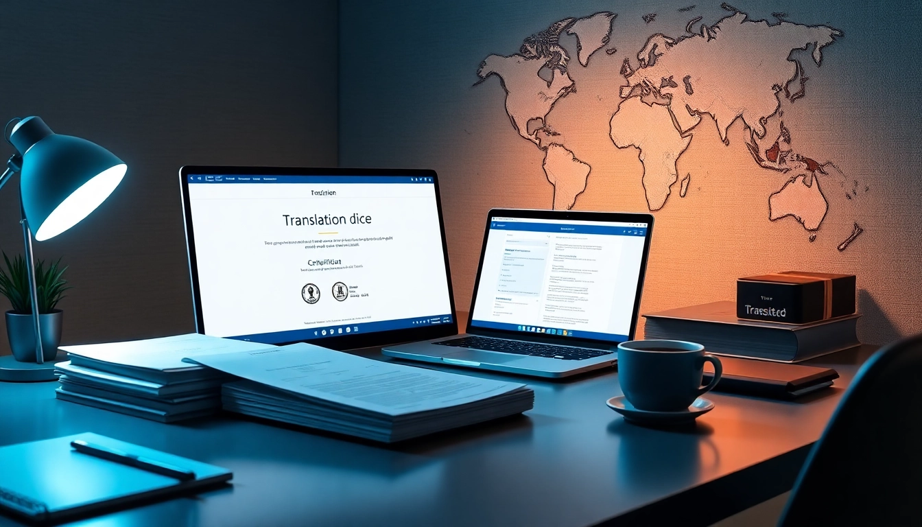 Traducteur assermenté en ligne — espace de travail professionnel présentant des outils de traduction et des documents.