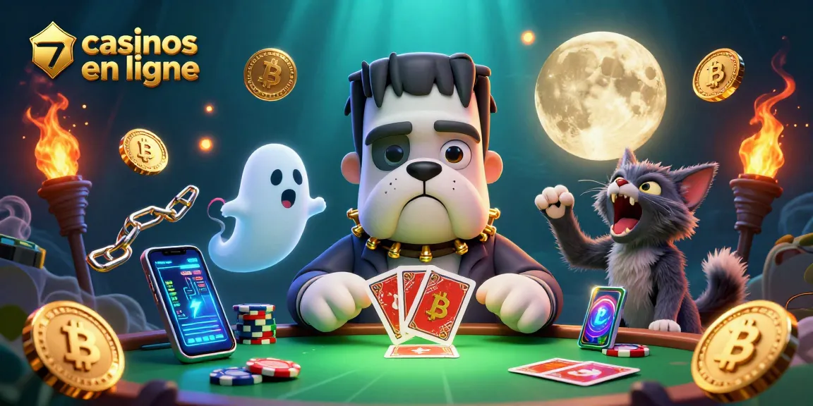 Jouer dans des casinos en ligne avec un bulldog Frankenstein et des éléments de crypto-monnaie entourant la scène