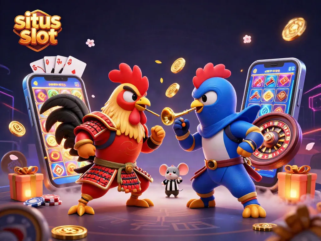Engage in situs slot excitement with this dynamic 3D illustration of roosters battling amidst casino elements.