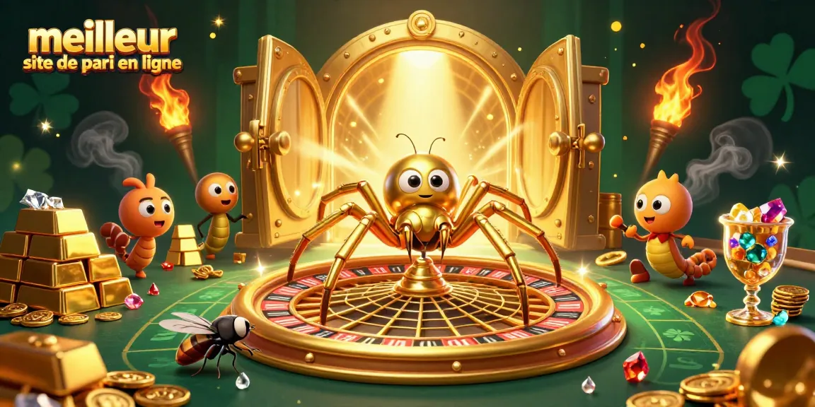 Pariez sur le meilleur site de pari en ligne entouré d'une toile d'araignée en or et de trésors scintillants.